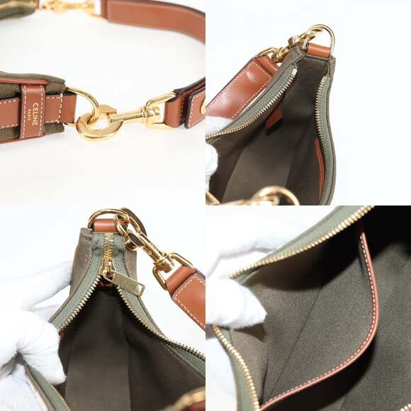 CELINE Triomphe Ava Shoulder Bag Canvas Leather Pile Khaki Gold - Picture 12 of 12